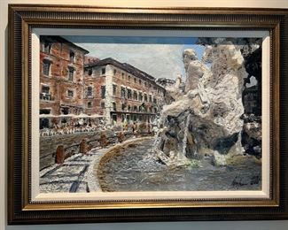 Framed Original Oil on Canvas of the Trevi Fountain in Rome / Signed (35"W x 26"H)