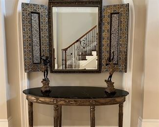 Theodore Alexander Marble Topped Demilune Oval Console Table (60"W x 22"D x 34"H) with Custom Trytych Mirror (58-1/2"H x 59"W with Doors x 2-1/2"D)