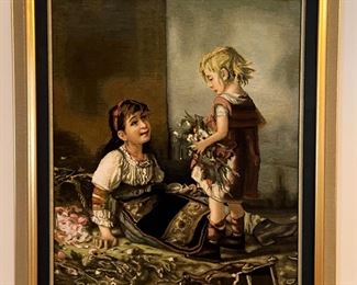 Framed Lorenzo Marccheze "Two Italian Children with Flowers" Reproduction Tabriz Rug (33"H x 28"W)