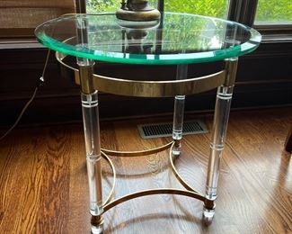 Lucite & Metal Based Round Glass Top Accent Table