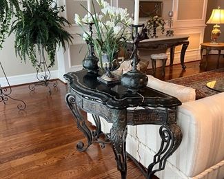 Maitland Smith Tessellated Marble and Iron Base Demilune Console Side Table (18"D x 47"W x 32"H)