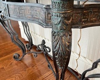 Maitland Smith Tessellated Marble and Iron Base Demilune Console Side Table (18"D x 47"W x 32"H)