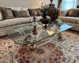 Thick Lucite and Brass Base Thick Glass Top Coffee Table (36"W x 68"L x 15-1/2"H)