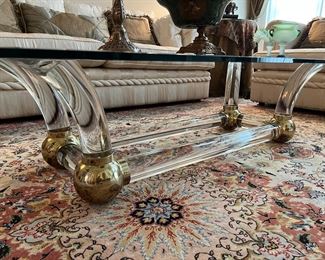 Thick Lucite and Brass Base Thick Glass Top Coffee Table (36"W x 68"L x 15-1/2"H)