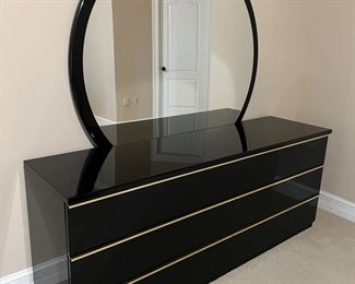Black Lacquer 6 Drawer Dresser with Attached Mirror