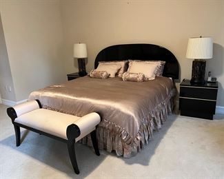 Black Lacquer Eastern King Bed Bed with Matching 2 Drawer End Tables & Settee 