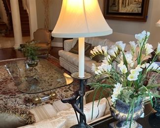 Maitland Smith Bronze Monkey Table Lamp (pr) (33-3/4"H to top of finial x 7-1/4"D)