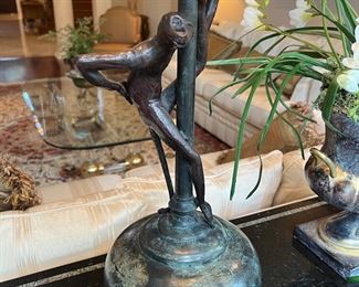 Maitland Smith Bronze Monkey Table Lamp (pr) (33-3/4"H to top of finial x 7-1/4"D)