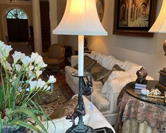 Maitland Smith Bronze Monkey Table Lamp (pr) (33-3/4"H to top of finial x 7-1/4"D)