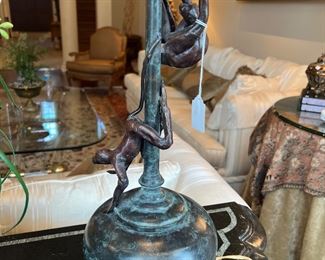 Maitland Smith Bronze Monkey Table Lamp (pr) (33-3/4"H to top of finial x 7-1/4"D)
