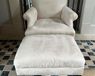 Calico Corners White Suede Armchair (39"Back Height x 32"W x 32"D) With Ottoman (25"W x 19"D x 17"H)