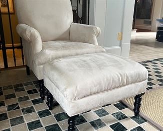 Calico Corners White Suede Armchair (39"Back Height x 32"W x 32"D) With Ottoman (25"W x 19"D x 17"H)