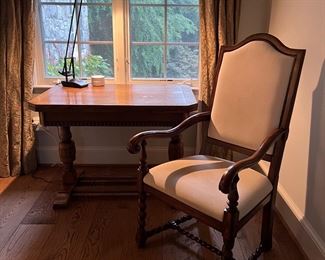 Oak Refectory Table With Drop Down Hidden Draw Leafs (42"/60"L x 29-1/2"W x 30"H) & Theodore Alexander Cultivating Armchair (47" Back Height x 19" Seat Height x 25"W x 21"D)