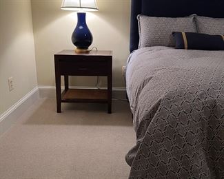 Crate & Barrel Blue Upholstered Headboard Full Size Bed & Crate & Barrel 1 Drawer End Table (pr)