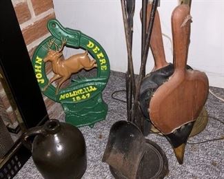 Stoneware jugs, John Deere cast iron piece, misc. stove tools