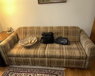 Vintage sofa sleeper, vintage wooden bowl (SOLD) with paddles