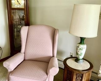 Grandfather clock, La-Z-Boy High back reclining chair, side table, vintage lamps