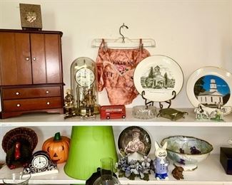 Jewelry box, Anniversary clock, vintage collector's plates, misc. decor