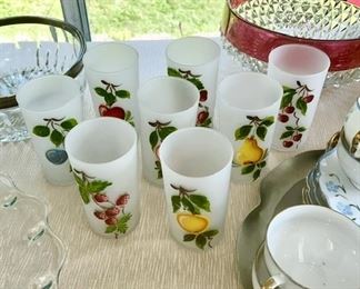 Vintage frosted satin glasses with hand painted fruit design