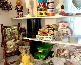 Vintage toys, child's rocking chair, etc.