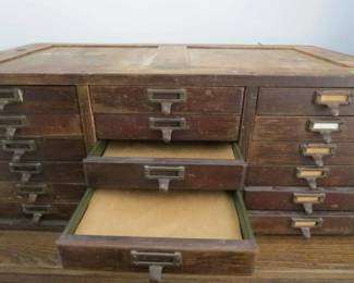 VINTAGE INDUSTRIAL OFFICE 18 DRAWER WOOD INDEX CARD FILE CABINET33"W x 18"D x 13"H
