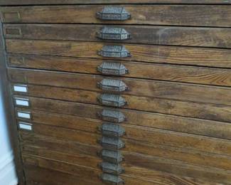 Antique Hamilton 12 Drawer  Oak Flat File Cabinet     36"W x 21.5"D x 34.5"H