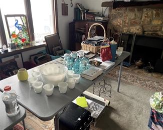 milk glass, Ball jars, books, DVDs, fireplace tools