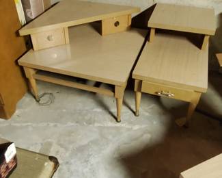 MCM corner step-back end table and (2) step-back end-tables