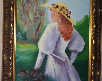 Lady in a Victorian suit and straw hat. No artist name
