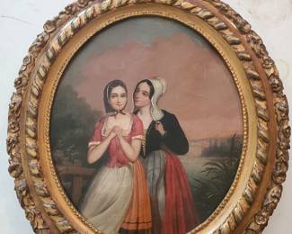 Ornate oval frame housing beautiful ladies on canvas in Dutch-land. 21" T x 16" w