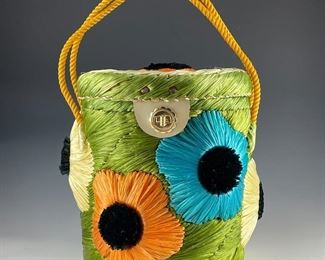  014 Vintage Hand Woven Floral Raffia Basket Bag
