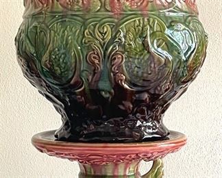  017 Weller Blended Majolica 1900s Pottery Swans Fish Lion Head Jardiniere Pedestal