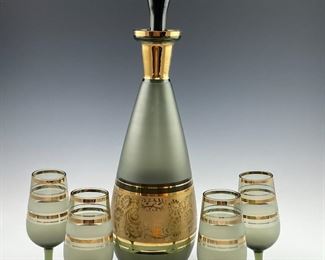 1950s Bohemian Czech Smoked Glass Decanter And 4 Glasses Set