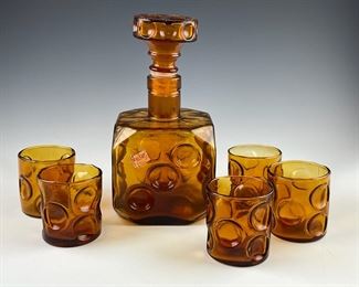 Vintage Empoli Amber Decanter With Five Tumblers, Dice Design