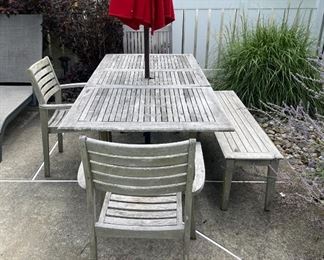 Teak dining set - one table, two chairs, one bench