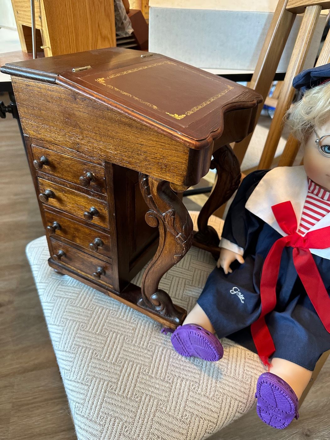 Antique miniature captains Davenport Victorian walnut leather embossed top desk