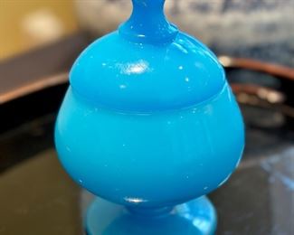 Blue opaline glass lidded bowl
