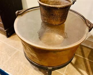 Kettles, including large copper kettle with stand and plexiglass lid.  Side table/Storage.   Party cooler.  Planter.