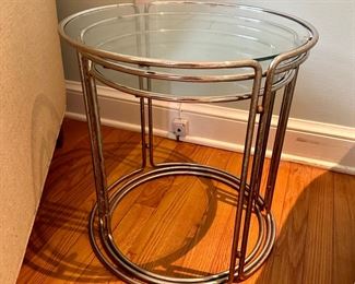 Set of 3 Stacking chrome and glass tables 