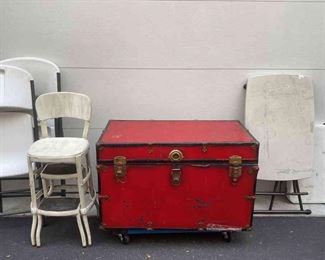 2 Folding Tables 2 Folding Chairs Red Trunk Chest Vintage Foldout Stepstool Chair
