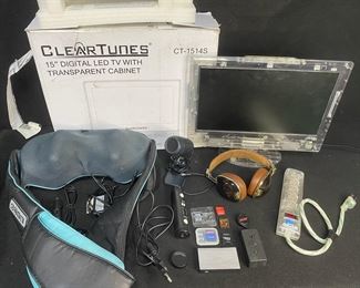ClearTunes 15 Transparent LED TV With Original Box Neck Massager Video Camera and More