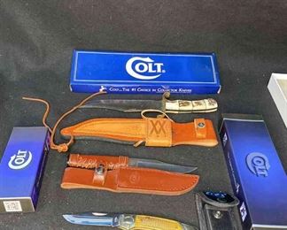 Colt Limited Edition Damascus Bowie CT278 With Sheath Colt CT297 Knife With Sheath Colt CT329 Pocket Knife With Case And Honing Rod