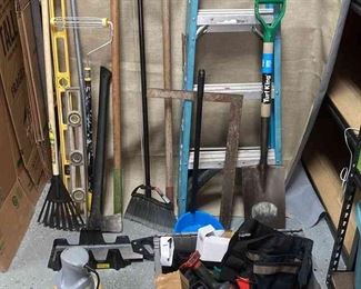 Misc Tools Including Ladder Shovel Axe Levels Gardening Tools and More