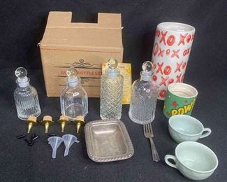 Set Of 4 Glass Bitters Bottles With Pour Corks and Additional Servingware