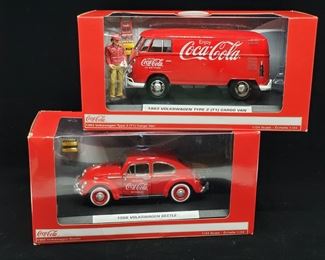 Lot 014-MT: Coca-Cola Die-cast Duo #2

Features:
•	Coca-Cola 1963 Volkswagen Type 2 (T1) Cargo Van
•	Coca-Cola 1966 Volkswagen Beetle with Rear Luggage Rack and 2 Bottle Cases
