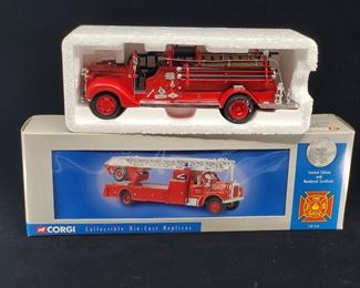 Lot 020-MT:  Die-cast Fire Engine Duo

Features:
•	Diecast 1938 Ford Fire Engine
•	Corgi Diecast Mack B Series Fire Rescue Vehicle

