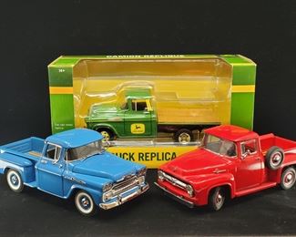 Lot 023-MT: Die-cast Farm Truck Trio

Includes:
•	Danbury Mint Diecast 1956 Ford F-100
•	1958 Chevrolet Apache Pickup
•	SpecCast Chevrolet 3600 “John Deere” Truck, #78284

