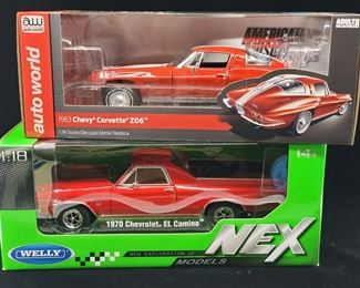 Lot 025-MT: Die-cast Muscle Car Pair

Features:
•	Auto World Diecast 1963 Chevy Corvette Z06, #AMM1263/06
•	Welly Diecast 1970 Chevrolet EL Camino, #12543GW
