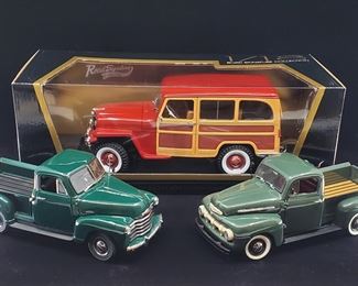 Lot 028-MT: Die-cast Vehicles of the ‘50s

Features:
•	1951 Ford F-1 Pickup Diecast
•	1953 Chevrolet 3100 Pickup Diecast
•	Lucky Die Cast 1955 Willys Jeep Station Wagon
