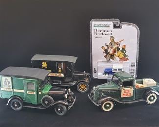 Lot 036-MT: U.S. Mail Die-cast Delivery Trucks

Features:
•	Norman Rockwell Series 1 Diecast 1971 U.S. Mail Jeep DJ-5, #37150-C
•	Danbury Mint Diecast 1935 U.S. Mail Ford Truck
•	Danbury Mint Diecast 1925 U.S. Mail Truck (Postal Parcel)
•	Danbury Mint Diecast 1931 U.S. Mail Ford Truck (“I Want You for U.S. Army”)



